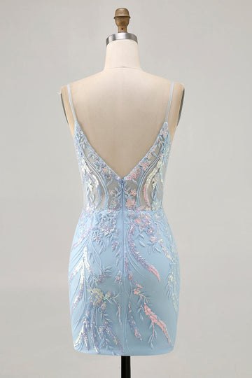 Light Blue Corset Appliqued Bodycon Homecoming Dress with Sequins